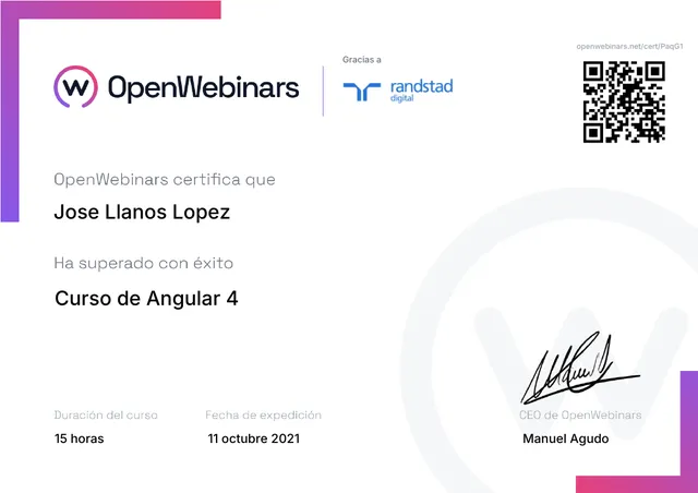 Certificado: Curso de Angular 4 — OpenWebinars