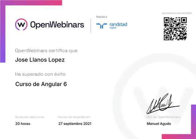 Certificado: Curso de Angular 6 — OpenWebinars