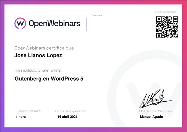 Certificado: Gutenberg en WordPress 5 — OpenWebinars
