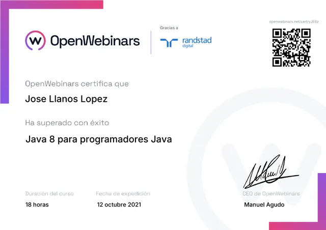 Certificado: Java 8 para programadores Java — OpenWebinars