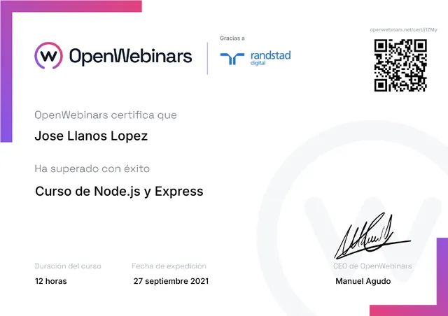 Certificado: Curso de Node.js y Express — OpenWebinars