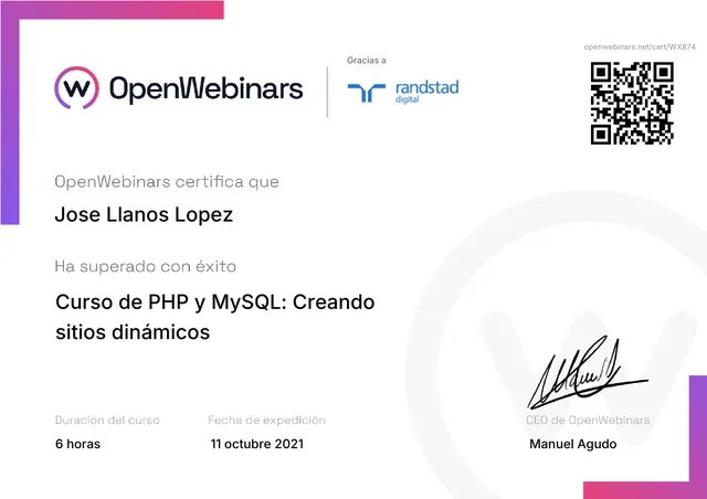 Certificado: PHP y MySQL: creando sitios dinámicos — OpenWebinars