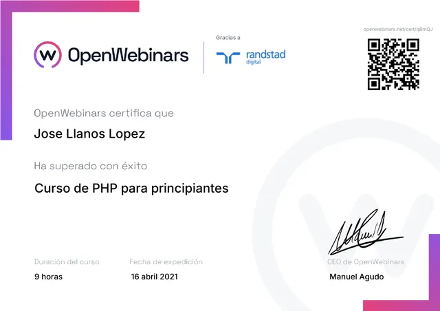 Certificado: Curso de PHP para principiantes — OpenWebinars