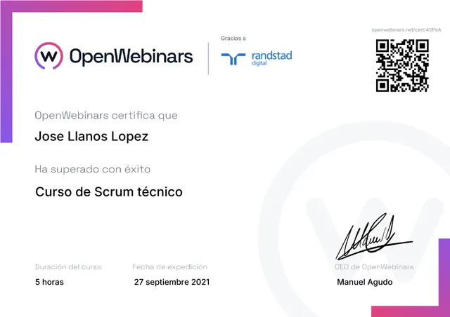 Certificado: Curso de Scrum técnico — OpenWebinars