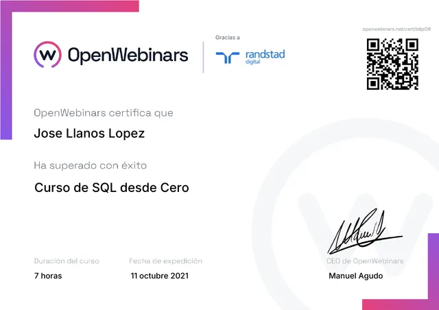 Certificado: SQL desde cero — OpenWebinars
