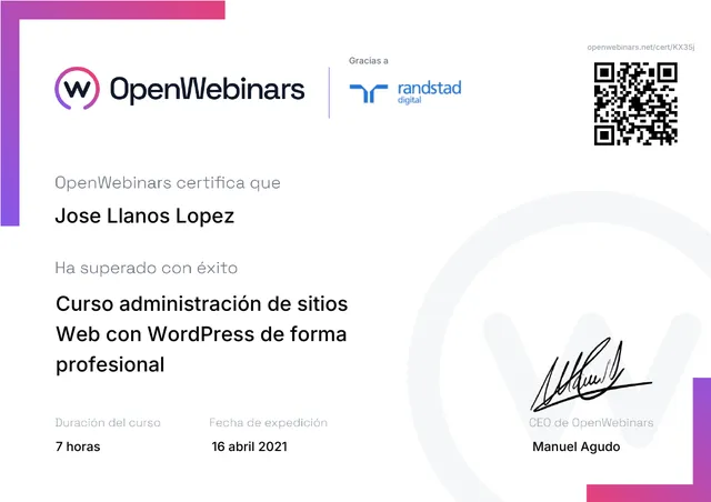 Certificado: Administración de sitios web con WordPress de forma profesional — OpenWebinars