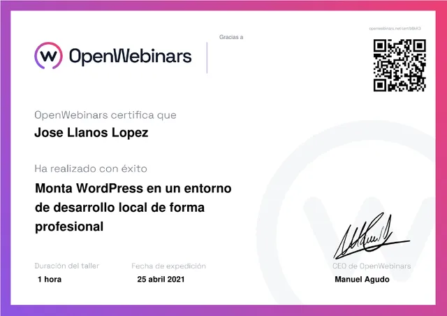 Certificado: Monta WordPress en un entorno de desarrollo local de forma profesional — OpenWebinars
