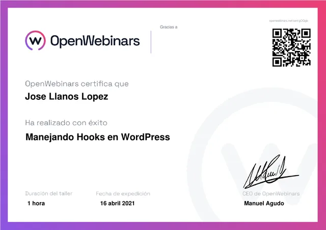 Certificado: Manejando hooks en WordPress — OpenWebinars