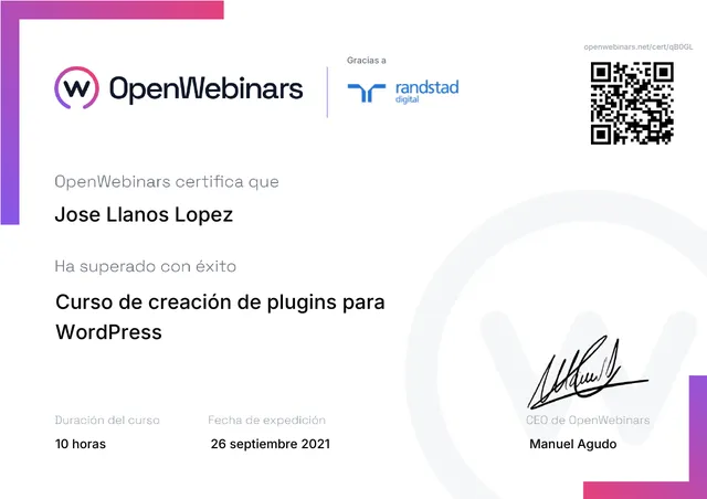Certificado: Creación de plugins para WordPress — OpenWebinars