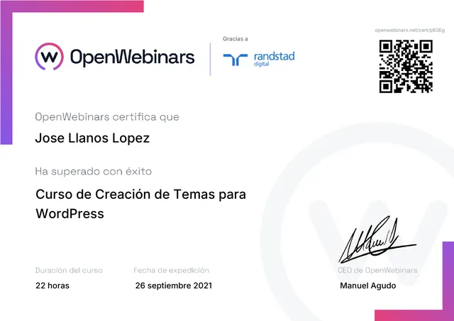 Certificado: Creación de temas para WordPress — OpenWebinars